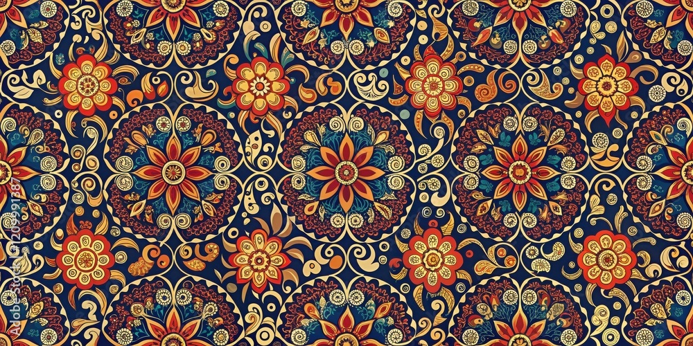 Intricate Ornate Floral Design, a Rich Tapestry of Vivid Colors and swirling patterns, perfect for textile and surface design Intricate Ornate Floral Design, a Rich Tapestry of Vivid Colors and swirling patterns, perfect for textile and surface design