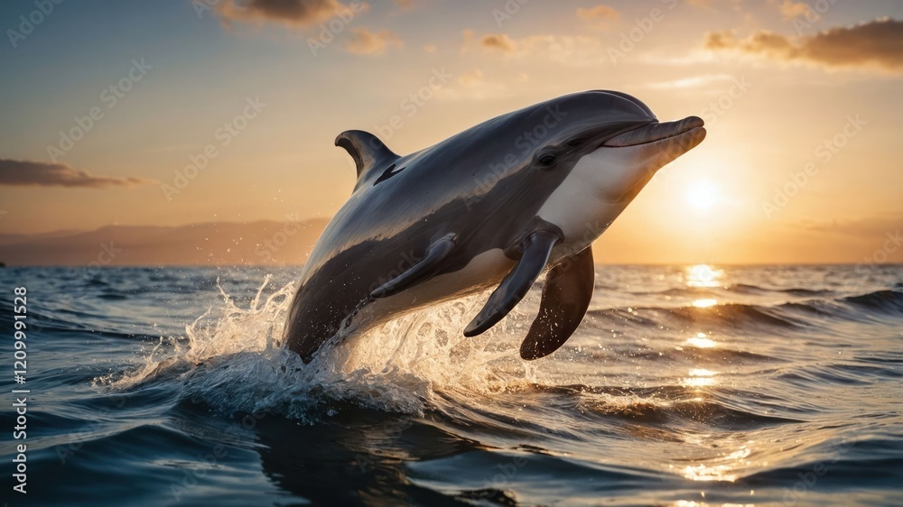 Fototapeta premium A dolphin leaps out of the water against a sunset backdrop, showcasing nature's beauty.