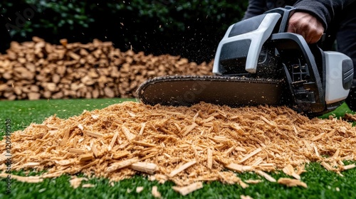 Wallpaper Mural Close-up capturing a man operating a chainsaw on a tree trunk, with droplets and smoke creating a dynamic atmosphere in a garden Torontodigital.ca