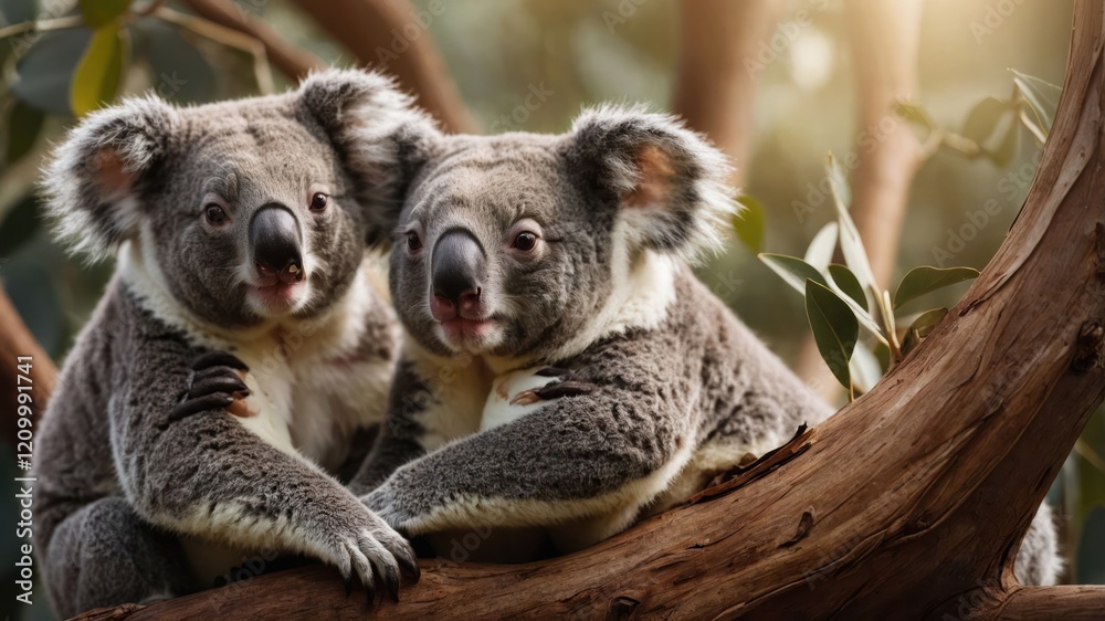 Fototapeta premium Two koalas resting on a tree branch in a natural setting.
