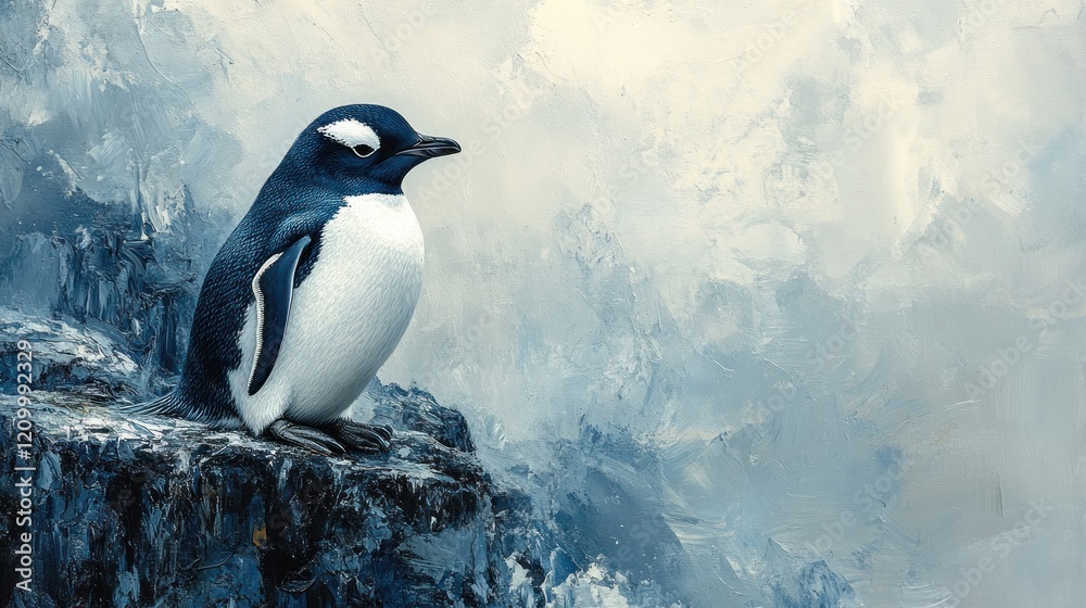 Fototapeta premium Antarctic penguin perched on rocks, icy ocean backdrop, wildlife documentary