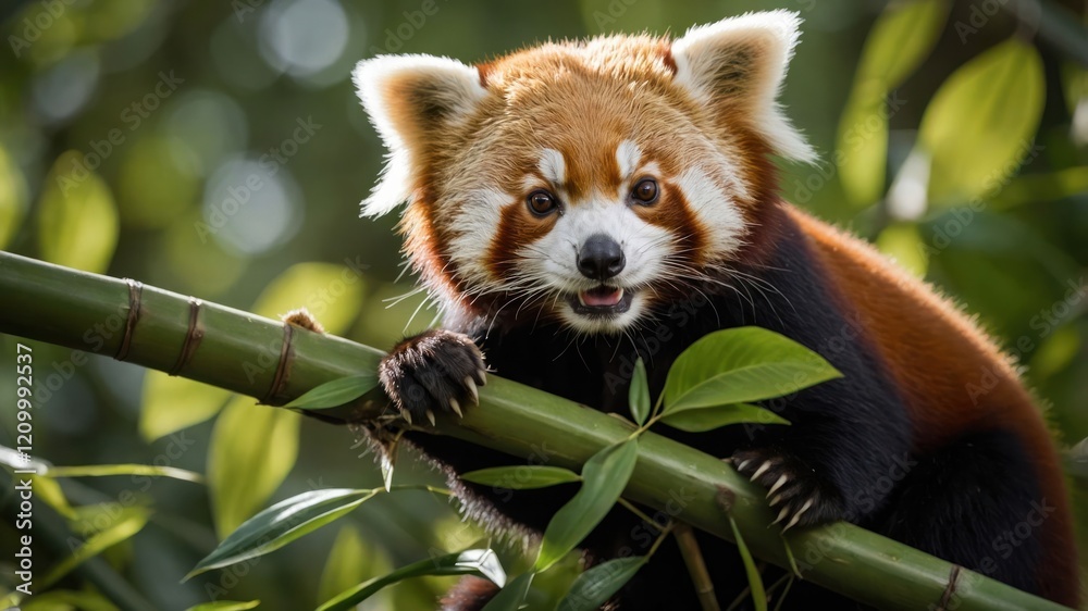 A red panda perched on bamboo, surrounded by lush green foliage. A red panda perched on bamboo, surrounded by lush green foliage.