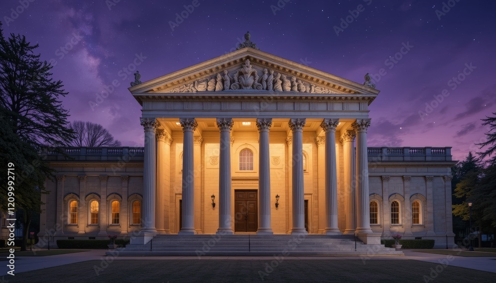 Fototapeta premium Illuminated Classical Building at Night: Neoclassical Architecture, Columns, Stars, Twilight Sky