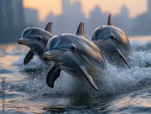 Three dolphins jumping out of the sea with a city skyline in the distance at dawn