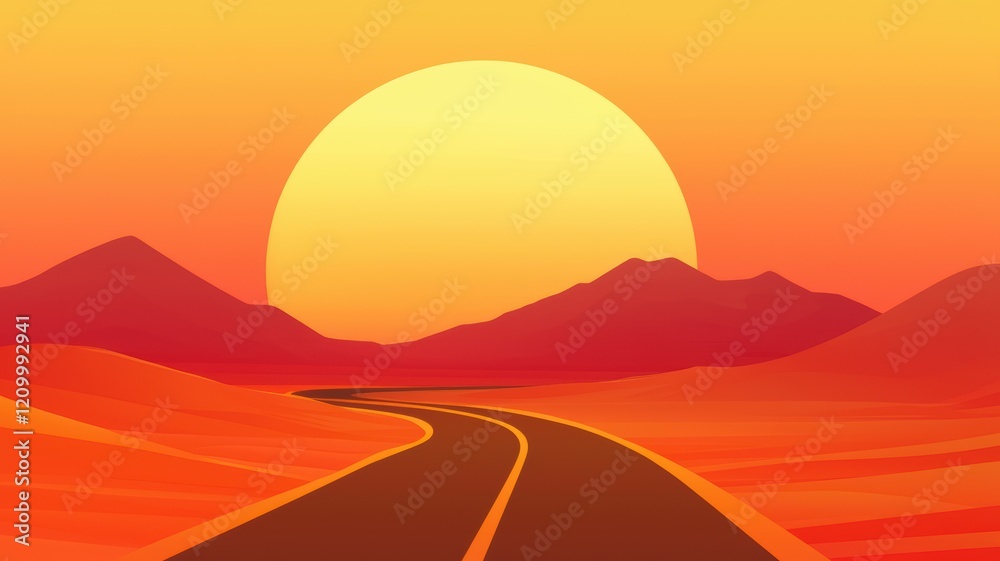 Obraz premium Vibrant Sunset Over Desert Landscape with Winding Road and Dramatic Mountains