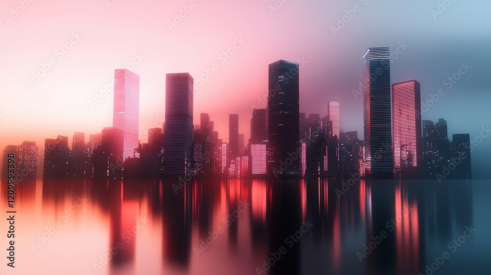 Fototapeta premium Captivating Cityscape at Twilight with Colorful Reflections on Water
