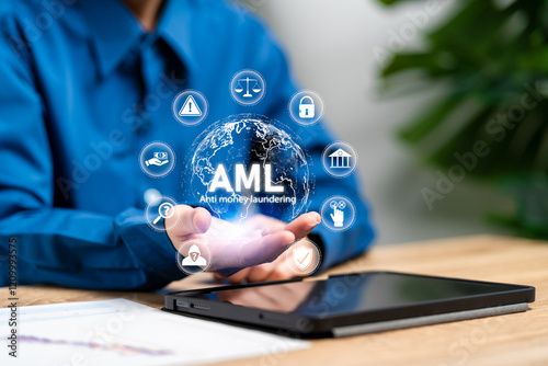 AML: Anti-money laundering concept, Businesswomen show AML icon financial bank legal condition, Financial corruption and fraud, Bribe of business,  Justice and law, International money laundering