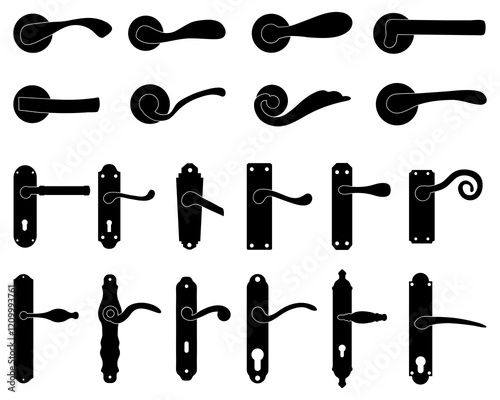 Black silhouettes of door handles on a white background	