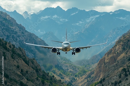 A passenger airplane flies low through a dramatic mountain range, showcasing its approach to landing amidst towering peaks and valleys under a cloudy sky