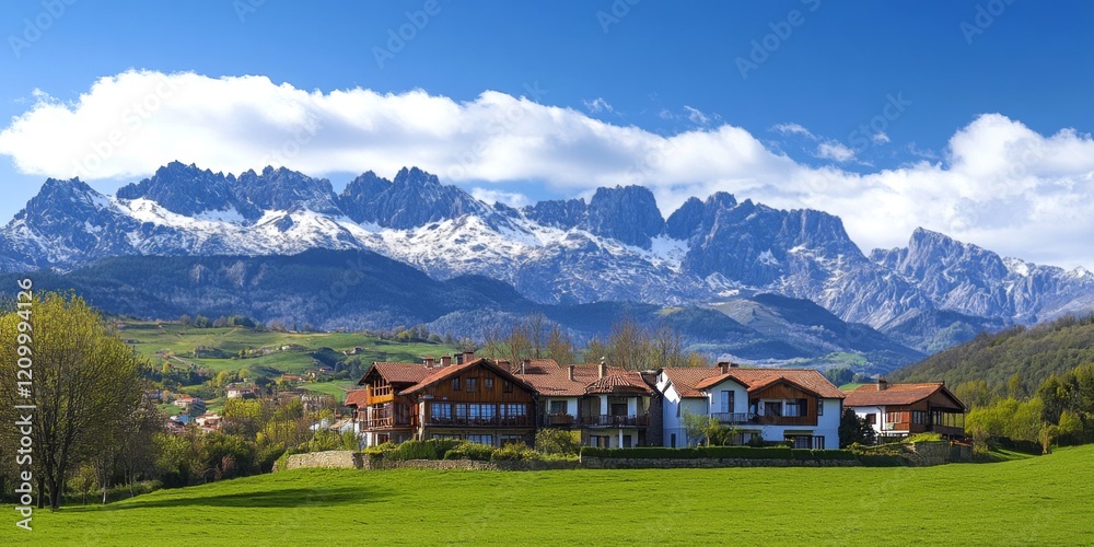 Obraz premium Beautiful mountain landscape with stunning snow-capped peaks. A serene view of a picturesque house in the foreground. Perfect for travel and nature themes. Explore this tranquil scenery. AI