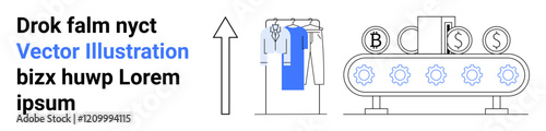 Text snippet, upward arrow, clothes hanger with shirts, conveyor belt with gear icons and containers. Ideal for supply chain, automation, manufacturing, retail, logistics efficiency technology