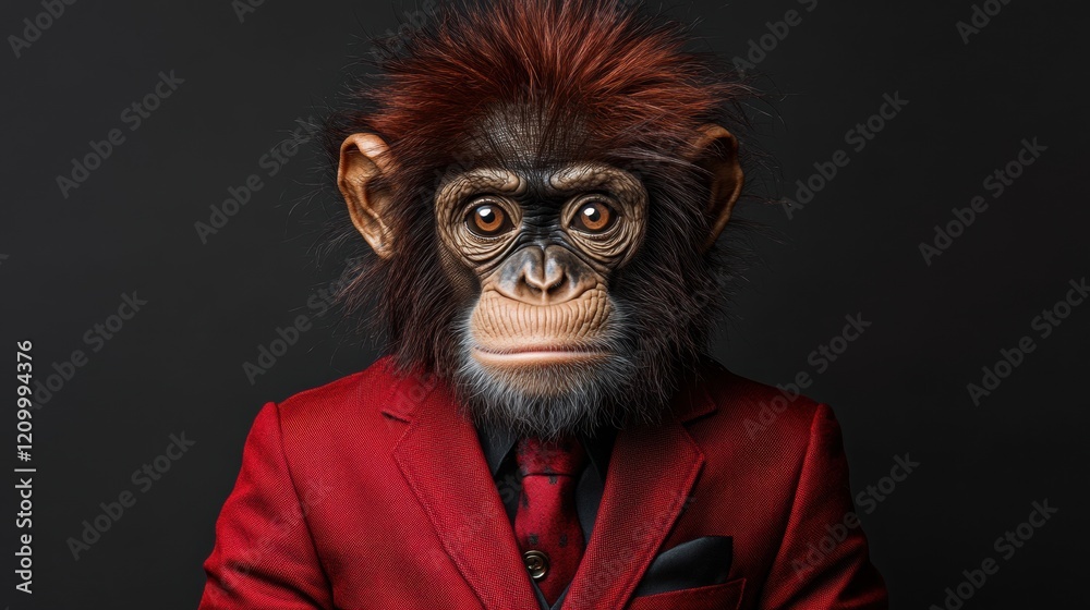 Monkey in Formal Red Suit Against Dark Background Portrait Monkey in Formal Red Suit Against Dark Background Portrait