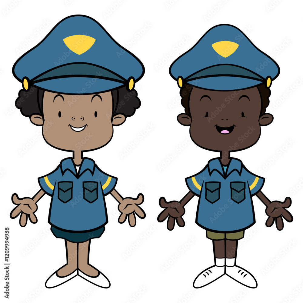 Boy and girl cartoon characters wearing police officer costume and playing. Best for sticker, logo, and mascot with profession themes for kids Boy and girl cartoon characters wearing police officer costume and playing. Best for sticker, logo, and mascot with profession themes for kids
