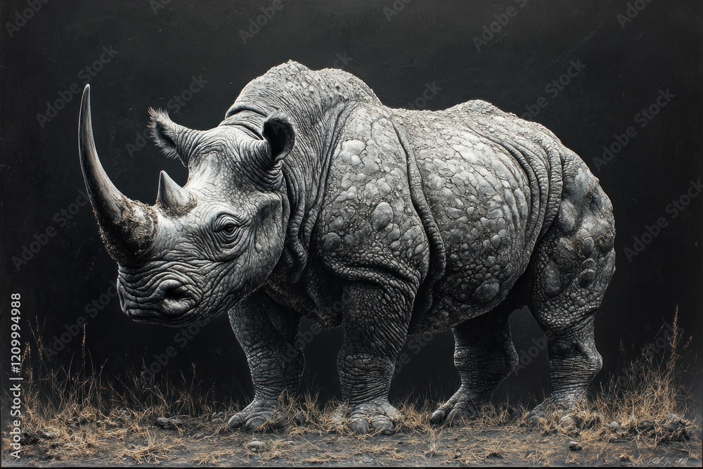 Fototapeta premium Studio Rhino Portrait, Dark Background, Savannah Grass, Wildlife Conservation