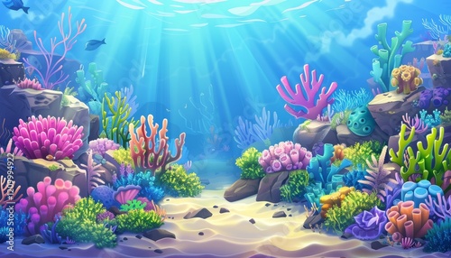Fototapeta Naklejka Na Ścianę i Meble -  A vibrant underwater scene with coral reefs, rocks, and a sandy bottom. Sunlight streams down from the surface, illuminating the colorful underwater landscape.