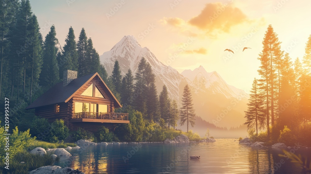 Fototapeta premium Serene Cabin by the Mountain Lake at Sunset