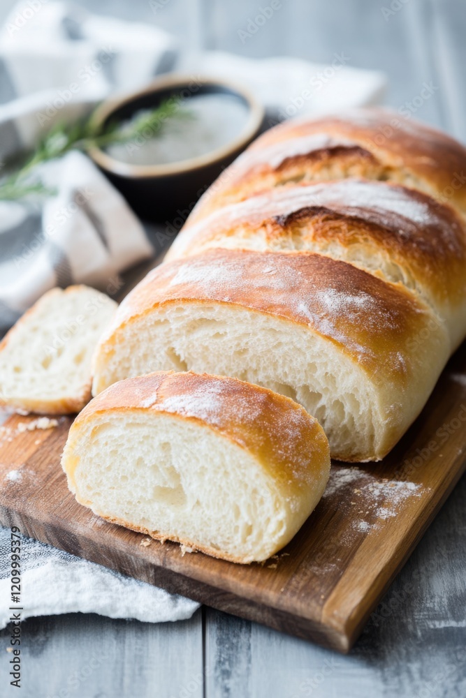 Rustic loaf with a golden crust served on a wooden board Rustic loaf with a golden crust served on a wooden board