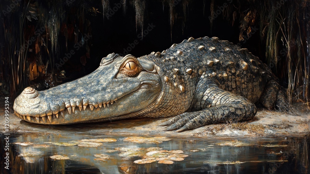 Obraz premium Alligator resting swamp water lilies dark background wildlife art