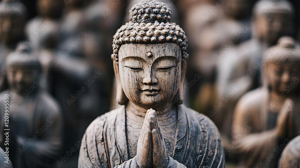 Intricate Wooden Buddha Statue with Peaceful Expression and Engraved Details : Generative AI Intricate Wooden Buddha Statue with Peaceful Expression and Engraved Details : Generative AI