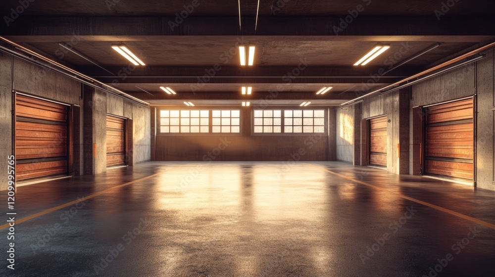 custom made wallpaper toronto digitalLarge, empty car garage with warm, soft light filtering through open garage doors 