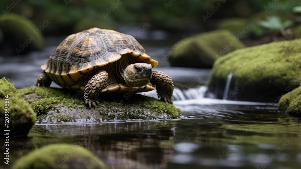 Obraz premium A turtle resting on a moss-covered rock by a serene stream in a lush environment.