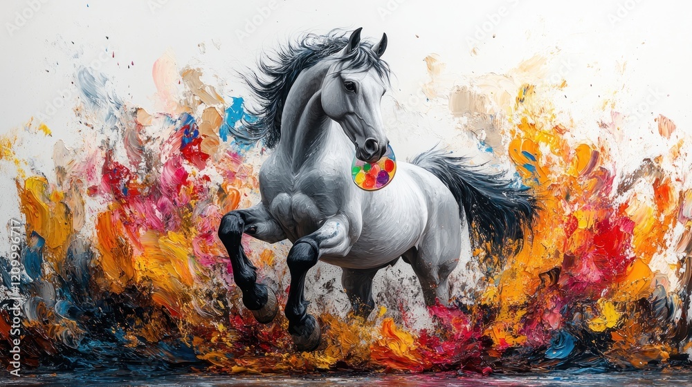 White horse running, paint palette, vibrant background, artistic canvas, design White horse running, paint palette, vibrant background, artistic canvas, design