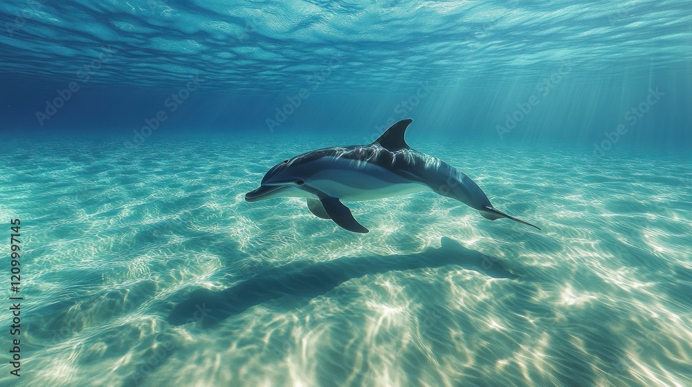 Dolphin swimming shallow ocean sunlight sandy bottom underwater Dolphin swimming shallow ocean sunlight sandy bottom underwater