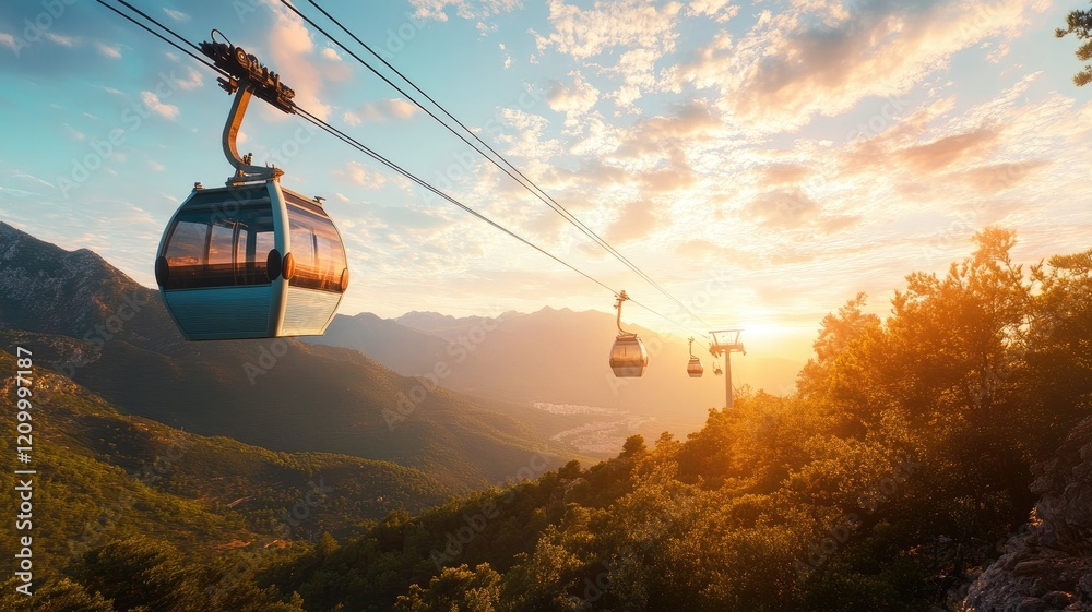Scenic cable cars cross mountain range at sunrise Scenic cable cars cross mountain range at sunrise