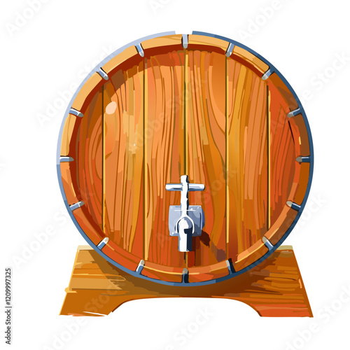 Wine barrel vector illustration. Image of wooden container for wine maturation with tap for tasting on isolated background.