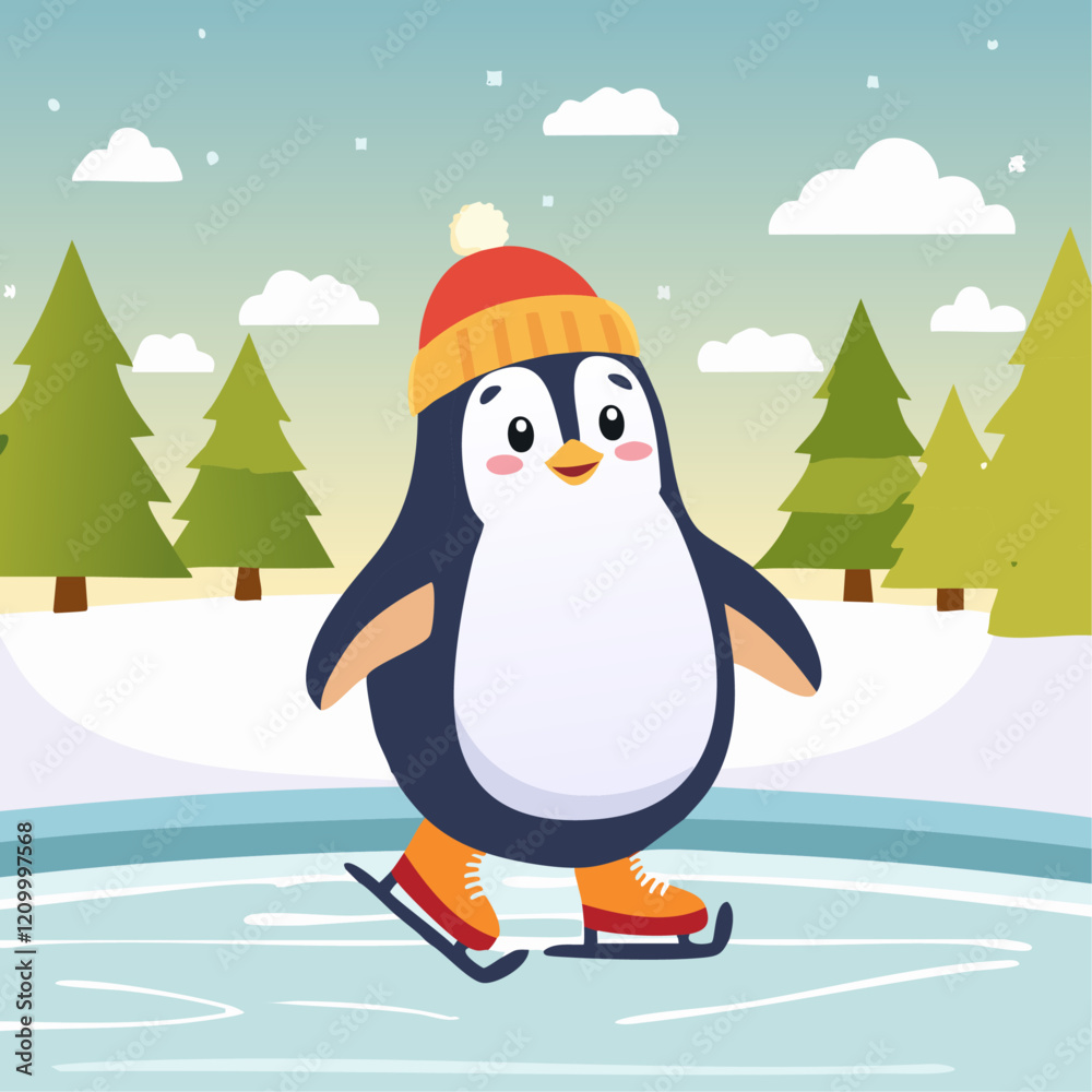 Naklejka premium Cute penguin on ice skates on the background of winter trees winter vector illustration. Children's image of a winter character on a skating rink in the forest. Christmas background for postcards and