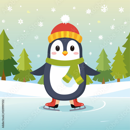Cute penguin on ice skates on the background of winter trees winter vector illustration. Children's image of a winter character on a skating rink in the forest. Christmas background for postcards and	