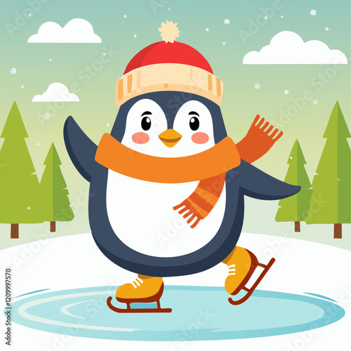 Cute penguin on ice skates on the background of winter trees winter vector illustration. Children's image of a winter character on a skating rink in the forest. Christmas background for postcards and	