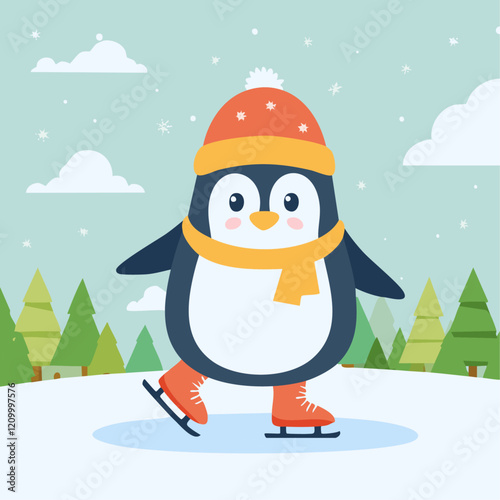 Cute penguin on ice skates on the background of winter trees winter vector illustration. Children's image of a winter character on a skating rink in the forest. Christmas background for postcards and	
