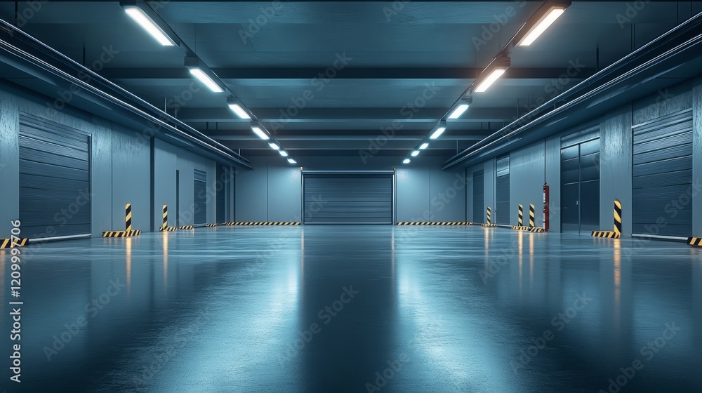 Fototapeta premium Minimalist empty garage with strategic lighting creating balance and symmetry across the space 