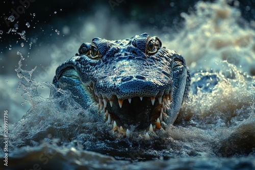 Alligator attacking in swamp water at night, wildlife documentary