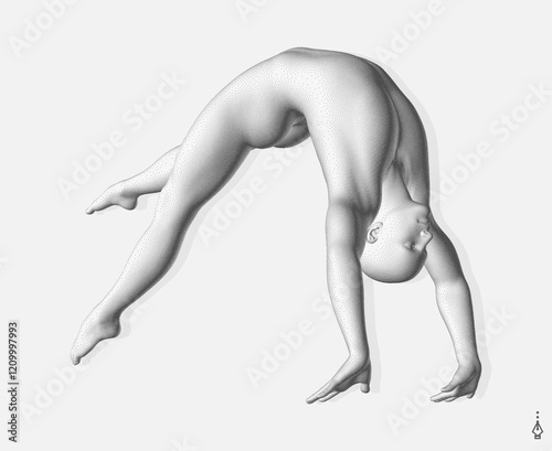 Man making one arm handstand. Gymnast. 3D model of human body. Sports symbol for fitness studio, dance class, yoga or aerobics classes. Vector illustration. 