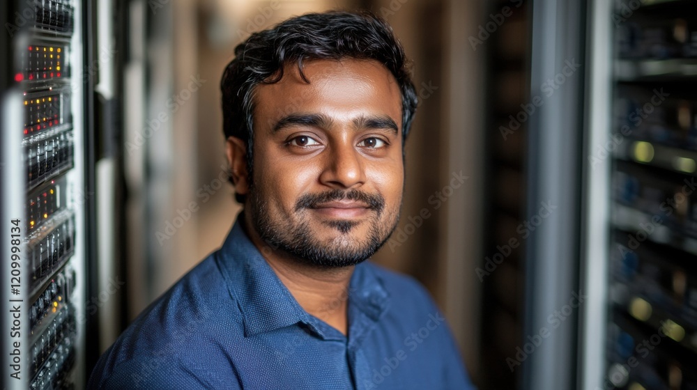 Portrait of a Young Man with Server Racks in a Data Center Portrait of a Young Man with Server Racks in a Data Center