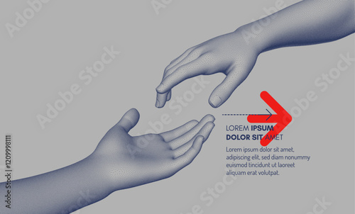 Hands reaching towards each other. Concept of human relation, togetherness or  partnership. 3D vector illustration. Can be used for advertising, marketing or presentation.