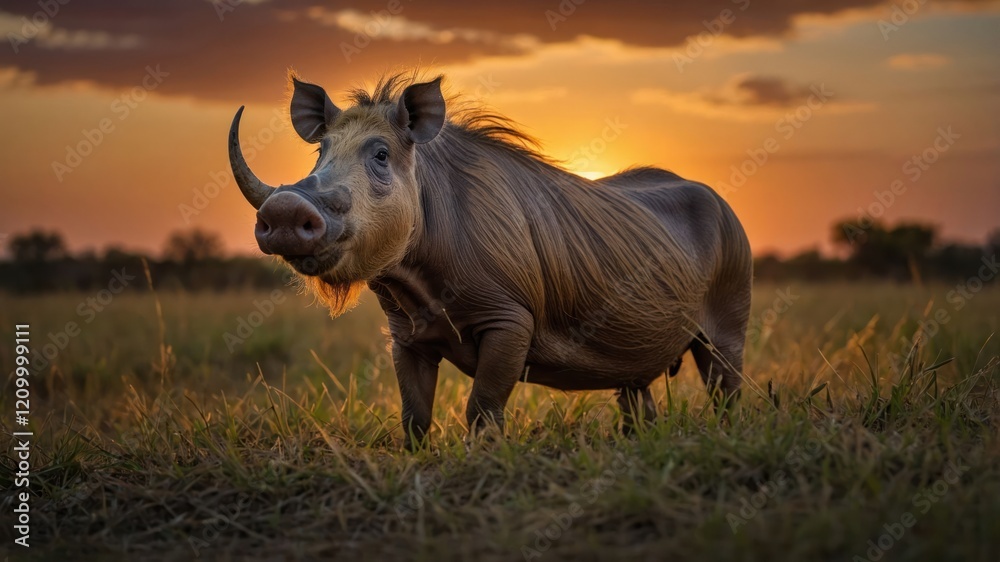 Obraz premium A warthog stands in a grassy field against a vibrant sunset backdrop.