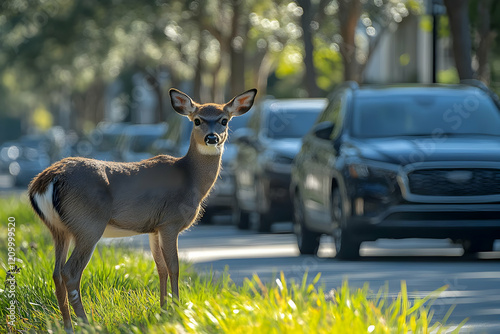 A young deer stands alertly by a busy city road, sunlight illuminating its spotted coat and the surrounding green grass.