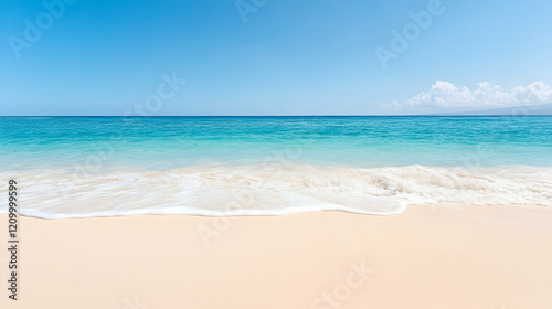 The azure blue ocean of Waimanalo Bay lined by white-sand beach on Oahu, Hawaii