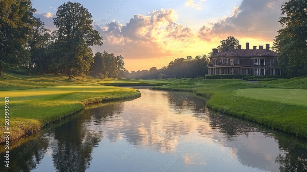 Fototapeta premium Sunrise golf course mansion scenic view