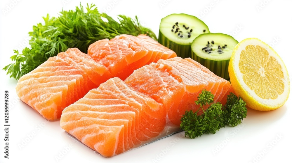 Fresh Salmon Fillets with Cucumber, Lemon, and Green Herbs Display Fresh Salmon Fillets with Cucumber, Lemon, and Green Herbs Display