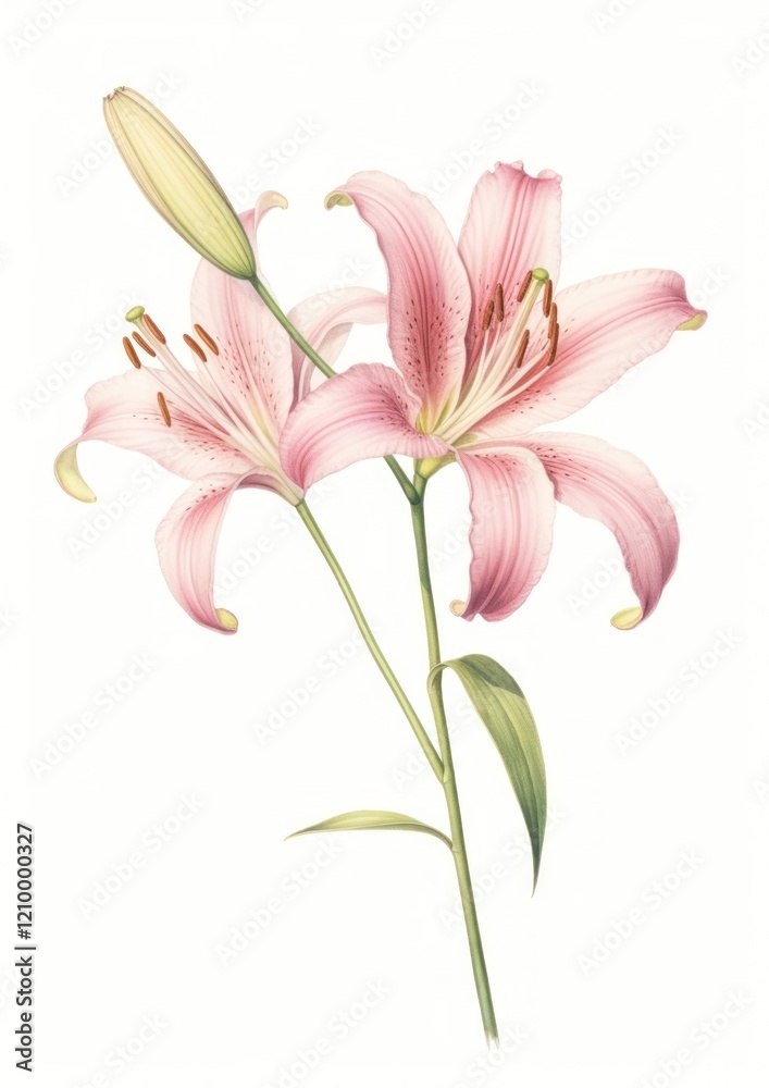 Naklejka premium Soft pink Lily branch lily illustration botanical