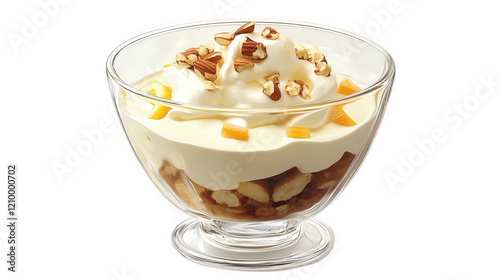 delicious dessert served in a clear glass bowl. showcasing layers of creamy yogurt or custard. pieces of fruit. and topped with whipped cream and nuts it represents a delightful treat. perfect for ind photo