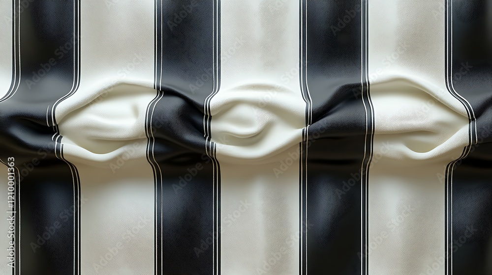 Naklejka premium Draped Stripes: Abstract image of black and off-white fabric with vertical stripes, artfully draped to create dynamic folds and textures.