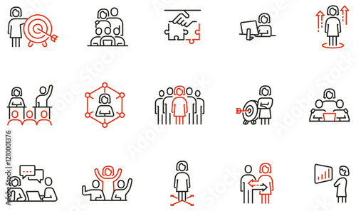 Vector Set of Linear Icons Related to Business Management, Female Leadership and Solutions. Mono line pictograms and infographics design elements