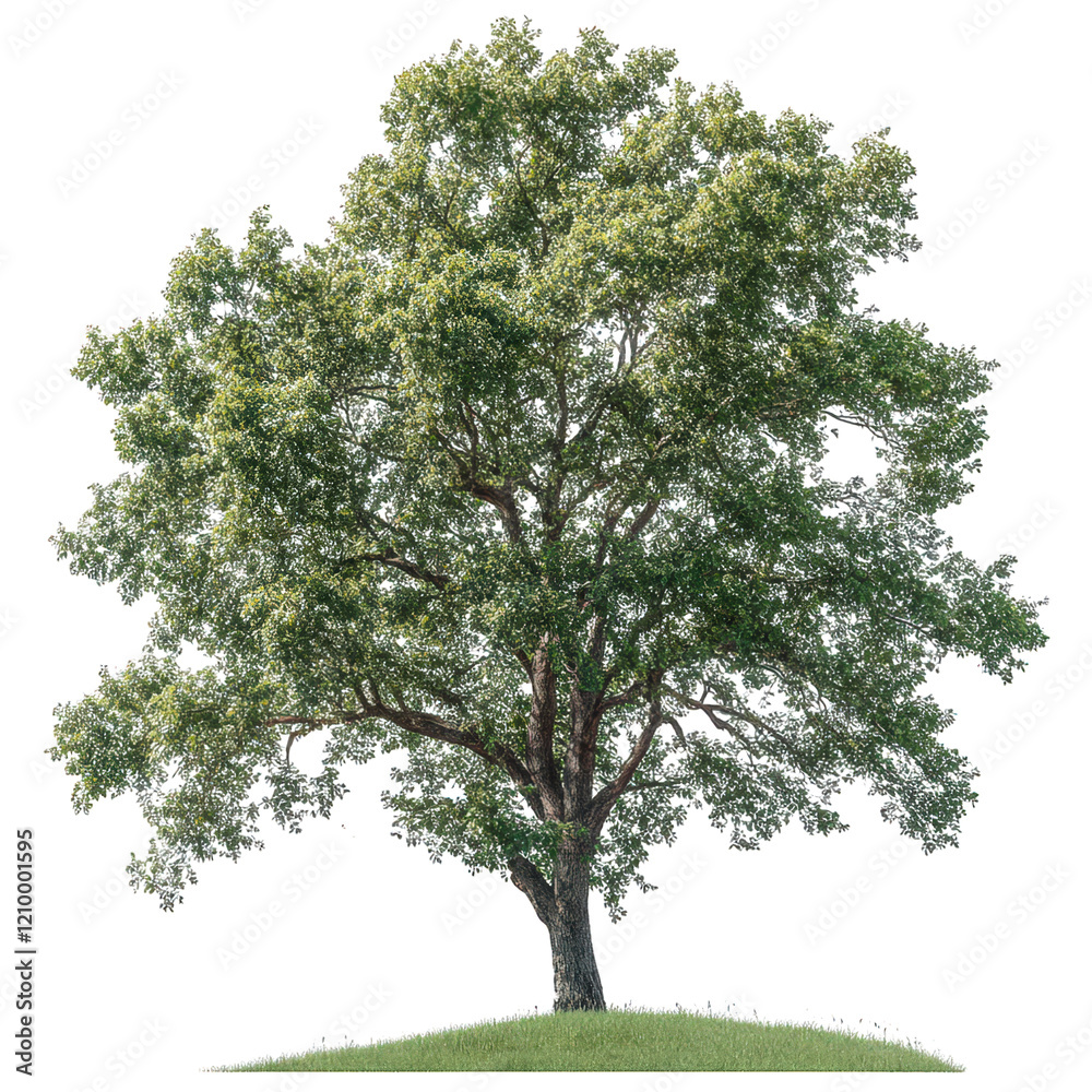 Fototapeta premium a large. lush green tree standing on a grassy hill. showcasing its vibrant foliage and strong trunk against a clean background the scene emphasizes the beauty of nature and can be used for environment