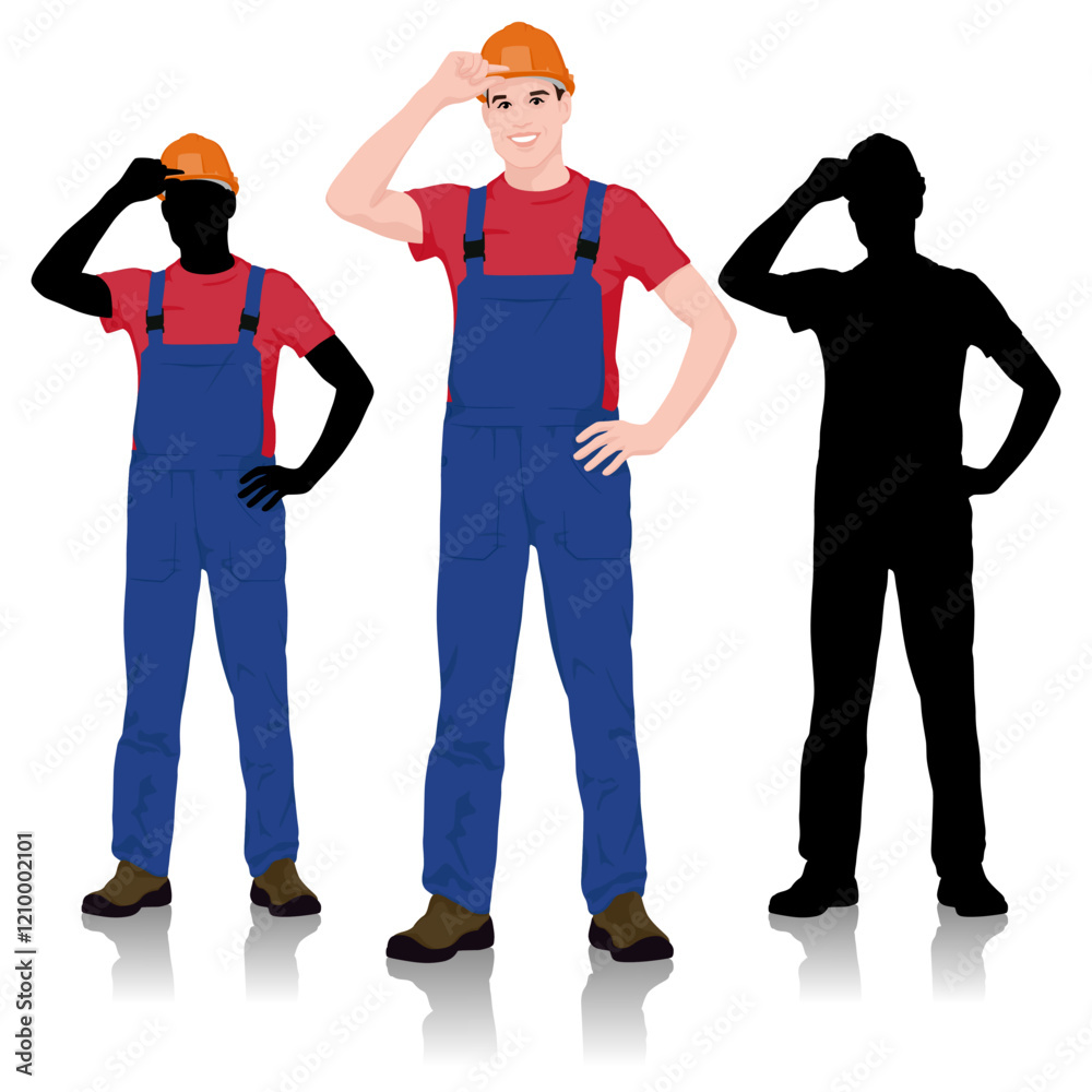 Fototapeta premium Construction Worker and Silhouette Variations in Protective Gear Touching Helmet. Vector Flat Style Illustration Set Isolated On White