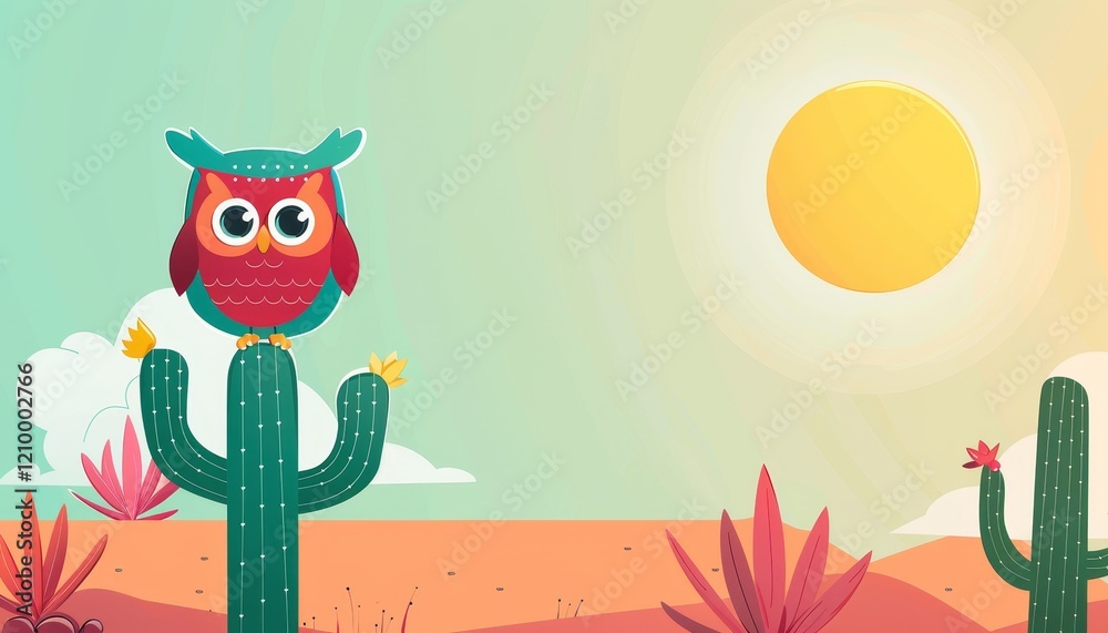 Obraz premium A cartoon owl perched on a tall cactus in a desert landscape under a bright sun.